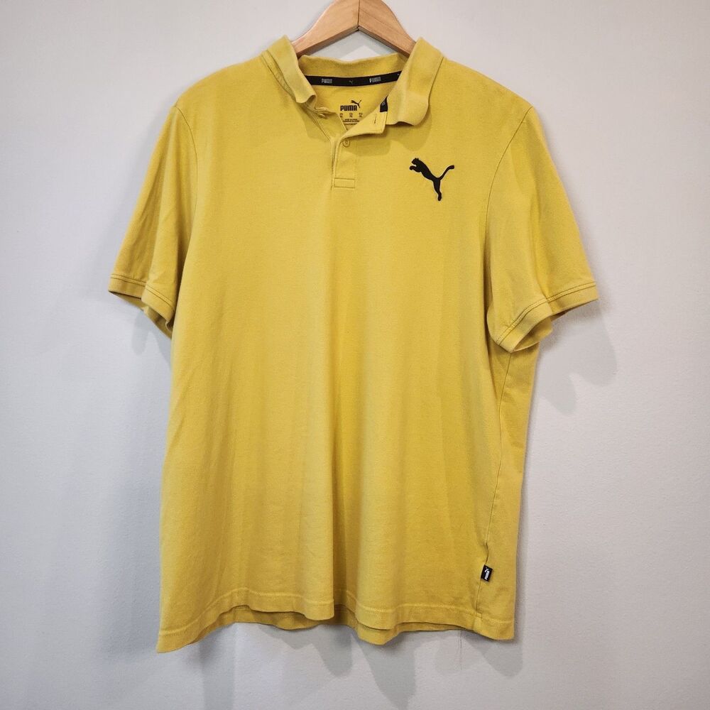 Puma Mustard Yellow Black Cat Mens Large Short Sleeve Button Golf Polo Shirt